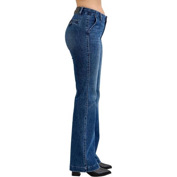 Womens Jeans Mid Rise Bootcut Tummy Control Welt Pockets Fitted - Picture 3 of 5